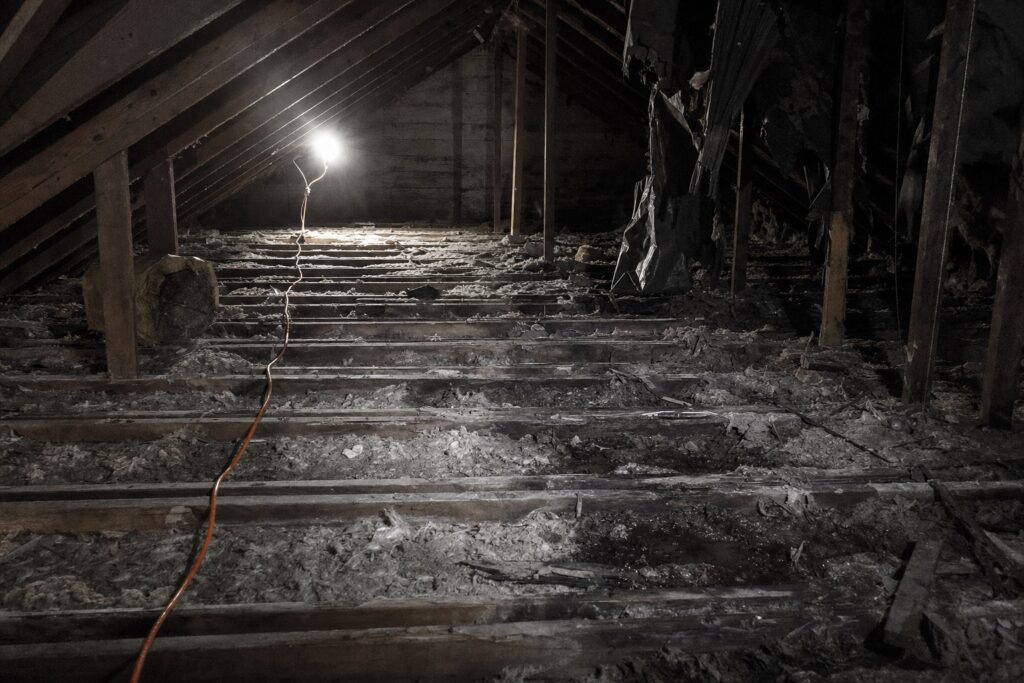 Attic before remediation: blown-in insulation torn apart and soiled, shredded vapor barrier, debris across the joist bays.