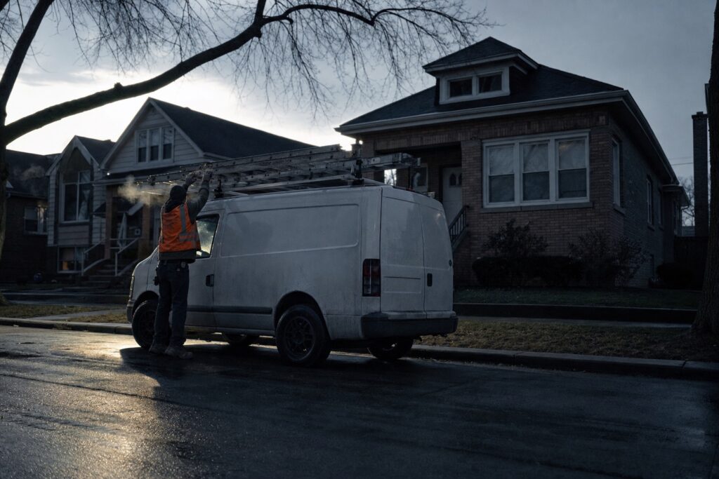 A technician lifting an extension ladder off a van roof rack outside a Chicago brick bungalow at first light.
