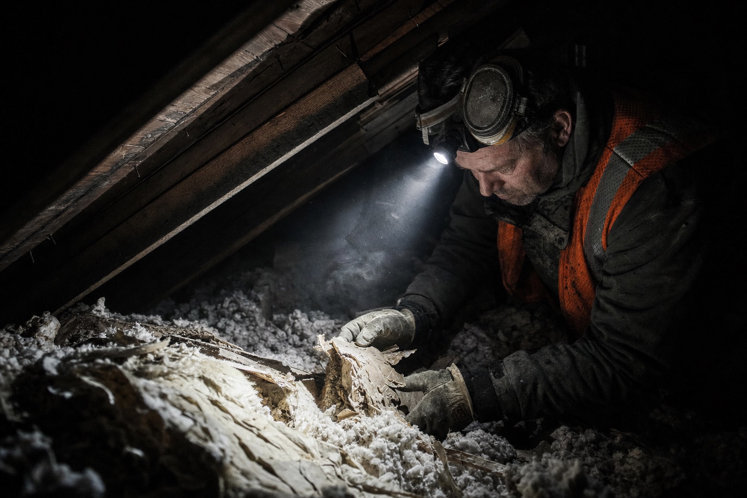 Wildlife technician in a headlamp inspecting shredded blown-in insulation in a dark Chicago attic before dawn.