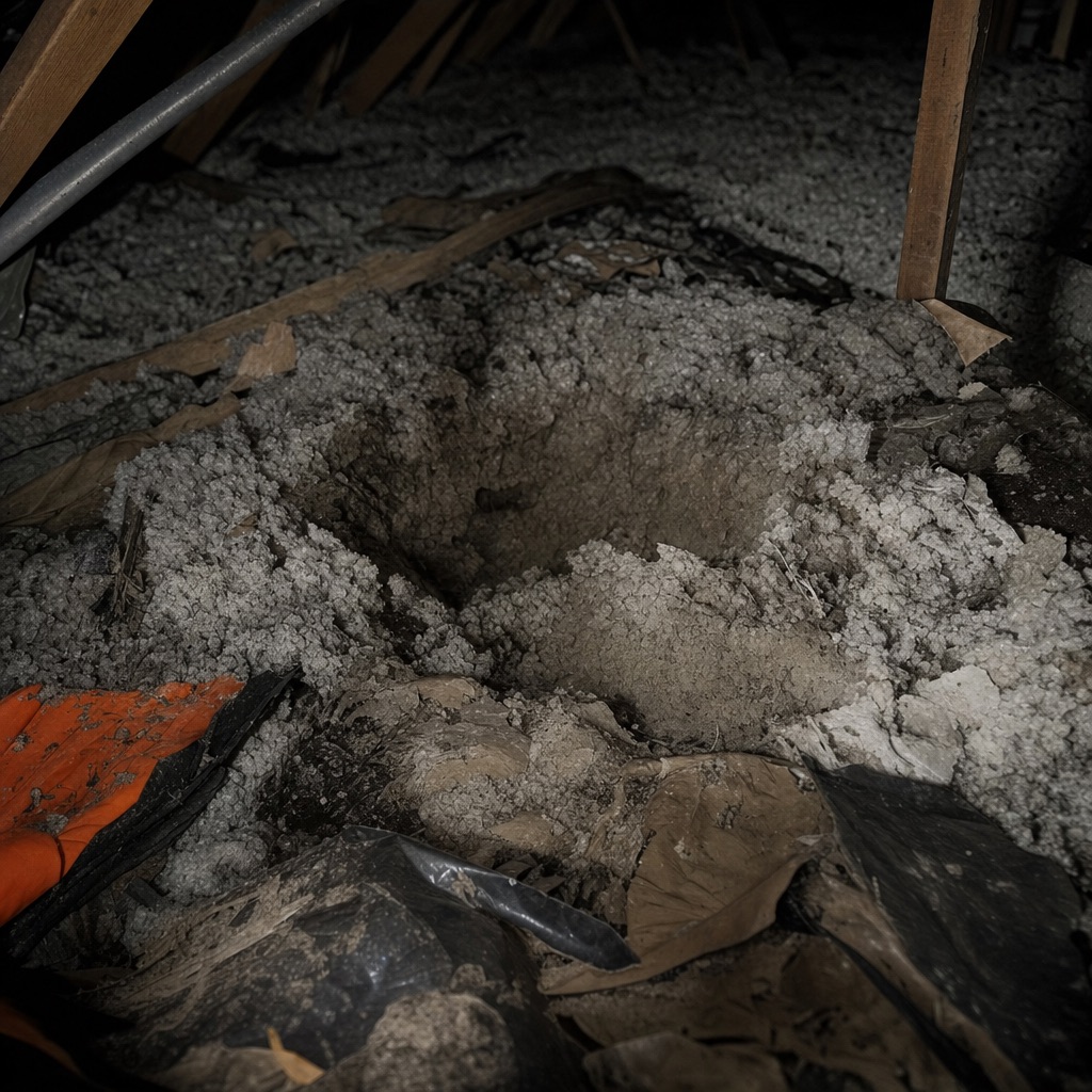 Shredded blown-in attic insulation with a raccoon den depression pressed into it.