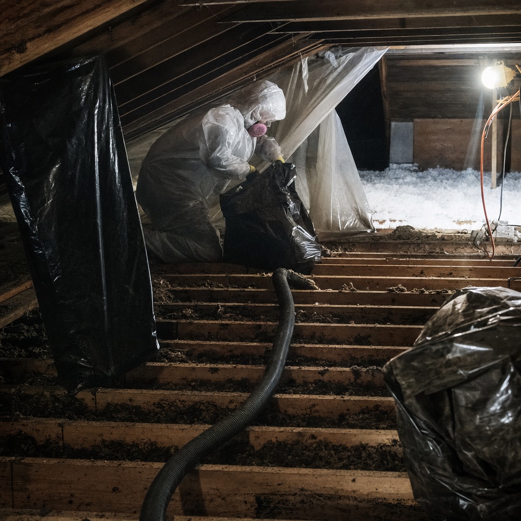 Contaminated attic insulation being bagged for removal with a HEPA vacuum hose running across bare joists.