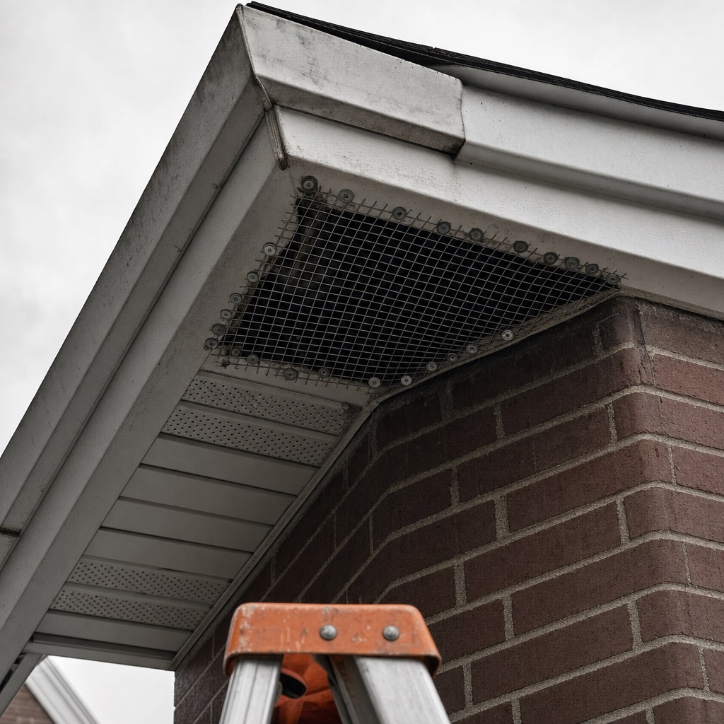 A chewed-open soffit corner on a Chicago brick bungalow sealed with heavy galvanized steel mesh.